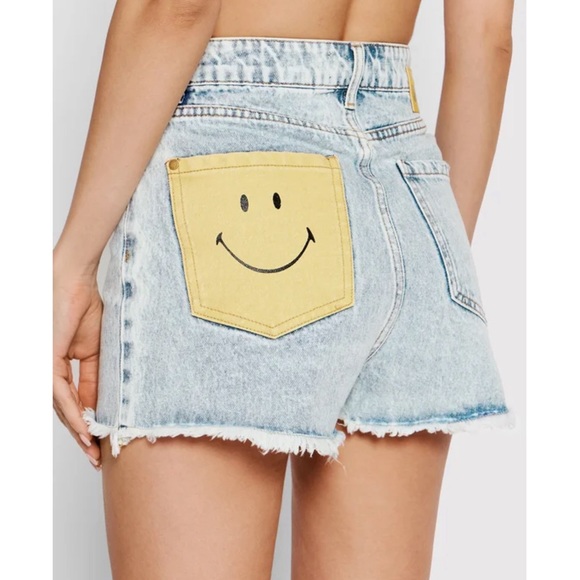 Desigual High Waisted Light Stone Wash Cut Off Smiley Face Jean Shorts - Picture 3 of 16